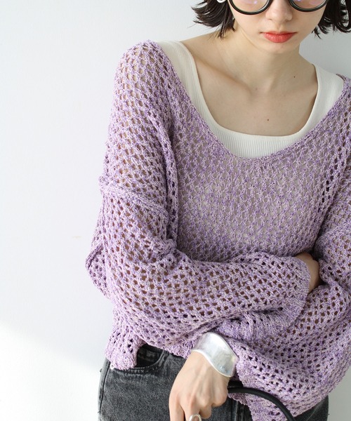 GeeRA（ジーラ）の「ミックス糸ざっくりメッシュニット（ニット/セーター・レディース・パープル/ベージュ・MEDIUM/LARGE）」の2枚目の写真