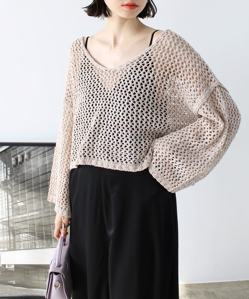 GeeRA（ジーラ）の「ミックス糸ざっくりメッシュニット（ニット/セーター・レディース・パープル/ベージュ・MEDIUM/LARGE）」の7枚目の写真