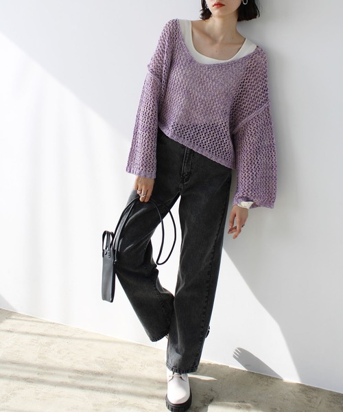 GeeRA（ジーラ）の「ミックス糸ざっくりメッシュニット（ニット/セーター・レディース・パープル/ベージュ・MEDIUM/LARGE）」の11枚目の写真