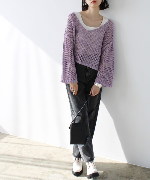GeeRA（ジーラ）の「ミックス糸ざっくりメッシュニット（ニット/セーター・レディース・パープル/ベージュ・MEDIUM/LARGE）」の12枚目の写真