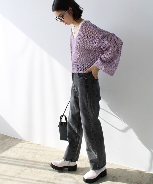 GeeRA（ジーラ）の「ミックス糸ざっくりメッシュニット（ニット/セーター・レディース・パープル/ベージュ・MEDIUM/LARGE）」の13枚目の写真