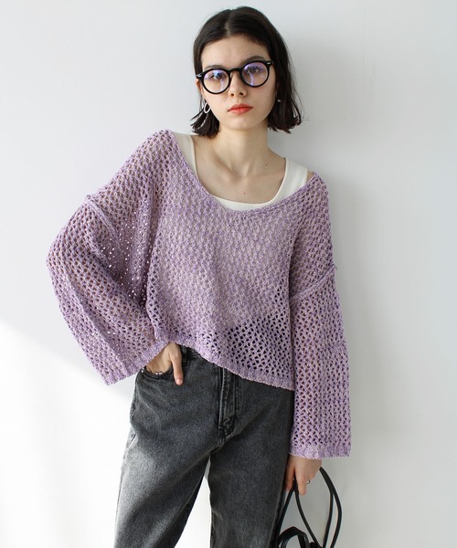 GeeRA（ジーラ）の「ミックス糸ざっくりメッシュニット（ニット/セーター・レディース・パープル/ベージュ・MEDIUM/LARGE）」の14枚目の写真