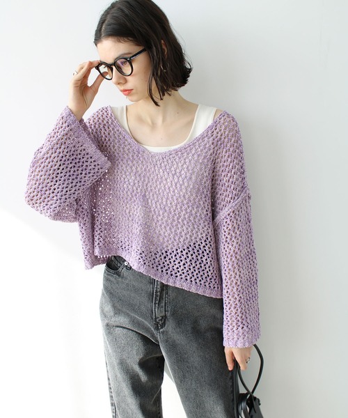 GeeRA（ジーラ）の「ミックス糸ざっくりメッシュニット（ニット/セーター・レディース・パープル/ベージュ・MEDIUM/LARGE）」の15枚目の写真