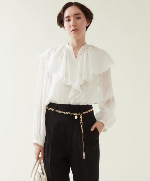 新品✨マルティニーク 定価2,5万円 ラッフルブラウス ブラック リネン martinique（マルティニーク）の「martinique/ラッフルブラウス