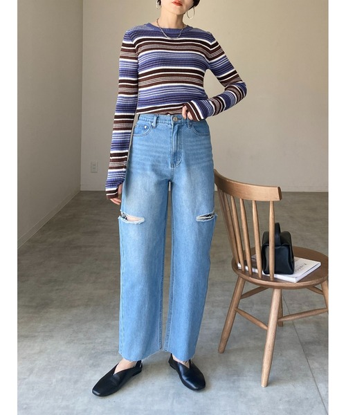 She's Closet(シーズクローゼット)の「フィンガーホールボーダー柄クルーネックタイト長袖リブニットプルオーバー(ニット/セーター・レディース・ブラック/ブルー/ラベンダー/グリーン・FREE)」の10枚目の写真