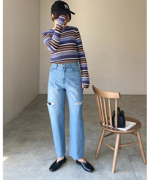 She's Closet(シーズクローゼット)の「フィンガーホールボーダー柄クルーネックタイト長袖リブニットプルオーバー(ニット/セーター・レディース・ブラック/ブルー/ラベンダー/グリーン・FREE)」の11枚目の写真