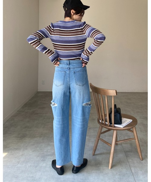 She's Closet(シーズクローゼット)の「フィンガーホールボーダー柄クルーネックタイト長袖リブニットプルオーバー(ニット/セーター・レディース・ブラック/ブルー/ラベンダー/グリーン・FREE)」の12枚目の写真