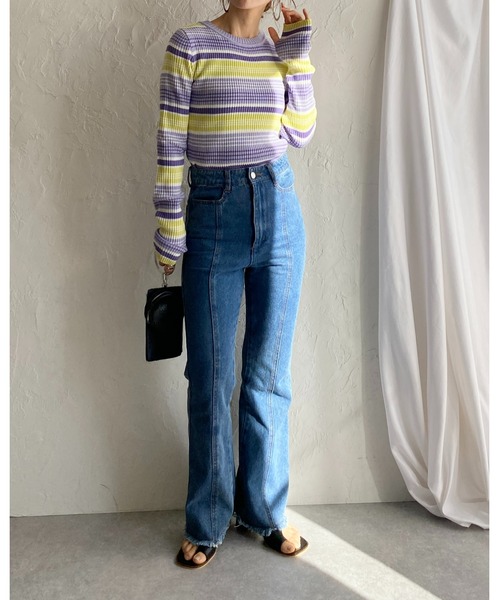 She's Closet(シーズクローゼット)の「フィンガーホールボーダー柄クルーネックタイト長袖リブニットプルオーバー(ニット/セーター・レディース・ブラック/ブルー/ラベンダー/グリーン・FREE)」の20枚目の写真