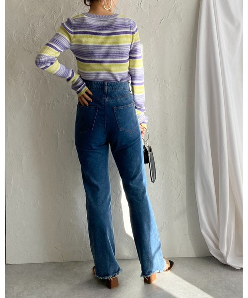 She's Closet(シーズクローゼット)の「フィンガーホールボーダー柄クルーネックタイト長袖リブニットプルオーバー(ニット/セーター・レディース・ブラック/ブルー/ラベンダー/グリーン・FREE)」の21枚目の写真