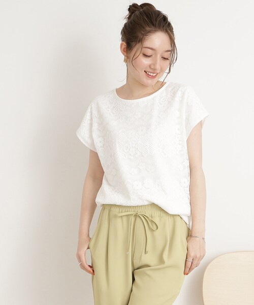 DRESKIP（ドレスキップ）の「◆【接触冷感】通勤にも〇 お顔回りを華やかに フロントレース トップス（Tシャツ/カットソー・レディース・ピンク系/ブラック/オフホワイト/ライトブルー・02/04/03）」の2枚目の写真