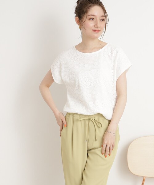 DRESKIP（ドレスキップ）の「◆【接触冷感】通勤にも〇 お顔回りを華やかに フロントレース トップス（Tシャツ/カットソー・レディース・ピンク系/ブラック/オフホワイト/ライトブルー・02/04/03）」の8枚目の写真