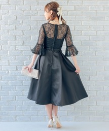 ネイビー ベルスリーブ レースミディアムドレス｜TADASHI SHOJI