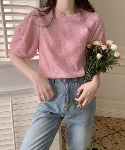 shopnikoniko（ショップニコニコ）の「ぽこぽこトップス 半袖 パフスリーブ ふくれジャガード（Tシャツ/カットソー・レディース・アイボリー/ブルー/ピンク/イエロー/パープル・フリー）」の5枚目の写真