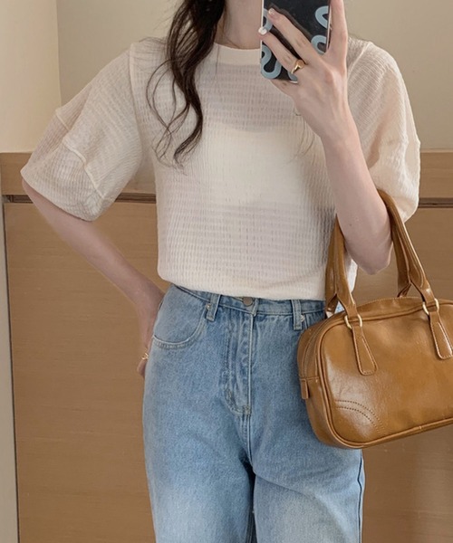 shopnikoniko（ショップニコニコ）の「ぽこぽこトップス 半袖 パフスリーブ ふくれジャガード（Tシャツ/カットソー・レディース・アイボリー/ブルー/ピンク/イエロー/パープル・フリー）」の14枚目の写真