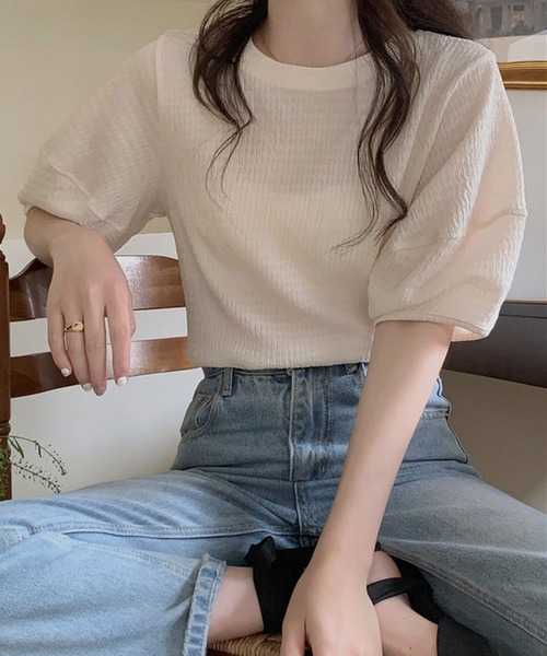 shopnikoniko（ショップニコニコ）の「ぽこぽこトップス 半袖 パフスリーブ ふくれジャガード（Tシャツ/カットソー・レディース・アイボリー/ブルー/ピンク/イエロー/パープル・フリー）」の22枚目の写真