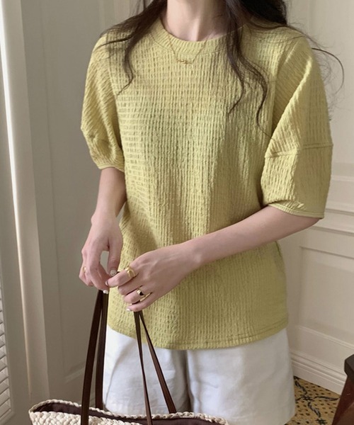 shopnikoniko（ショップニコニコ）の「ぽこぽこトップス 半袖 パフスリーブ ふくれジャガード（Tシャツ/カットソー・レディース・アイボリー/ブルー/ピンク/イエロー/パープル・フリー）」の12枚目の写真