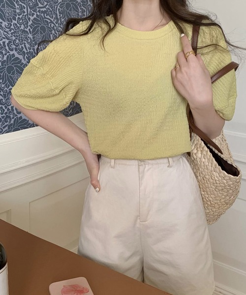 shopnikoniko（ショップニコニコ）の「ぽこぽこトップス 半袖 パフスリーブ ふくれジャガード（Tシャツ/カットソー・レディース・アイボリー/ブルー/ピンク/イエロー/パープル・フリー）」の9枚目の写真