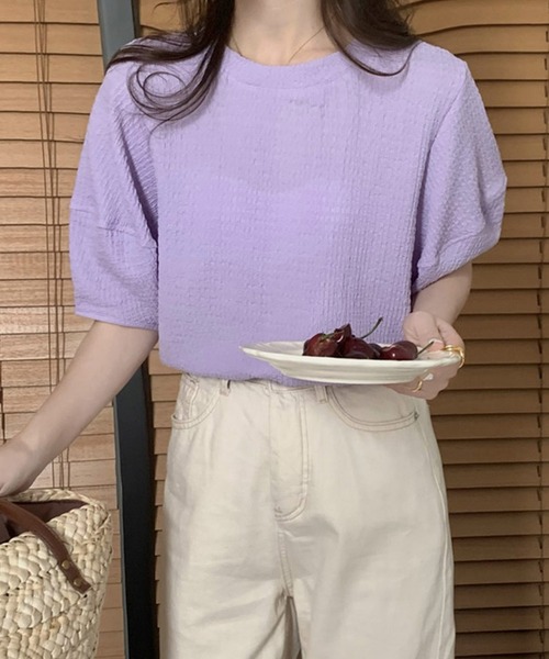 shopnikoniko（ショップニコニコ）の「ぽこぽこトップス 半袖 パフスリーブ ふくれジャガード（Tシャツ/カットソー・レディース・アイボリー/ブルー/ピンク/イエロー/パープル・フリー）」の17枚目の写真