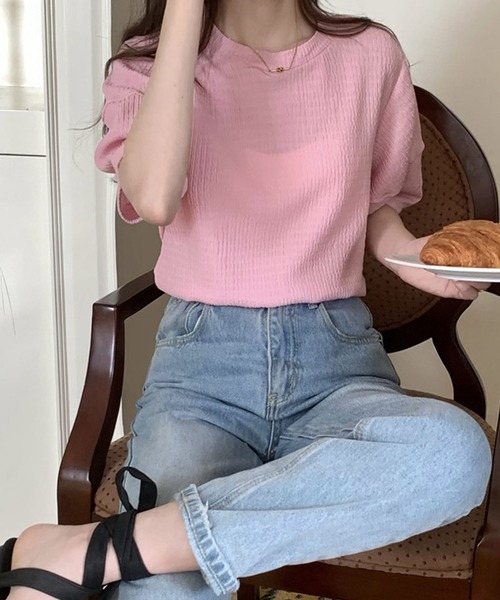 shopnikoniko（ショップニコニコ）の「ぽこぽこトップス 半袖 パフスリーブ ふくれジャガード（Tシャツ/カットソー・レディース・アイボリー/ブルー/ピンク/イエロー/パープル・フリー）」の20枚目の写真