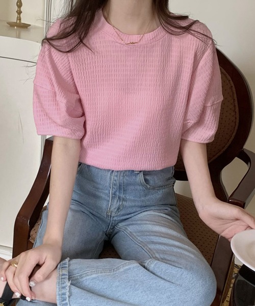 shopnikoniko（ショップニコニコ）の「ぽこぽこトップス 半袖 パフスリーブ ふくれジャガード（Tシャツ/カットソー・レディース・アイボリー/ブルー/ピンク/イエロー/パープル・フリー）」の15枚目の写真