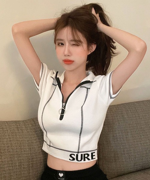 GLAMOROUS JANE(グラマラスジェーン)の「ZIPUP配色ステッチTOPS(Tシャツ/カットソー・レディース・ホワイト/ブラック・FREE)」の11枚目の写真