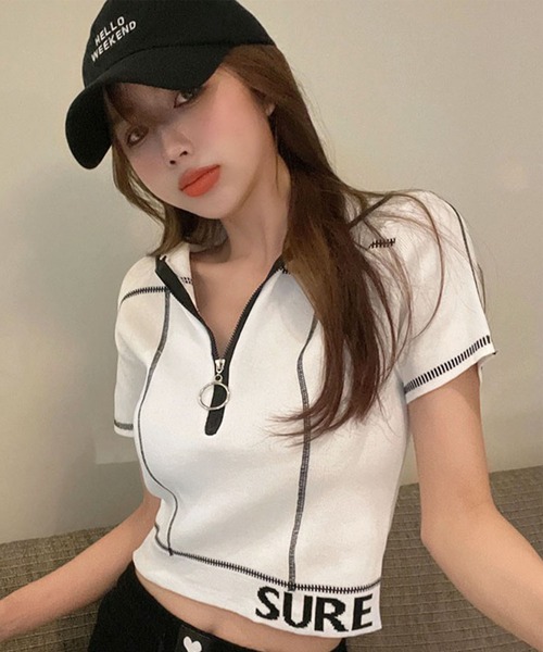 GLAMOROUS JANE(グラマラスジェーン)の「ZIPUP配色ステッチTOPS(Tシャツ/カットソー・レディース・ホワイト/ブラック・FREE)」の9枚目の写真