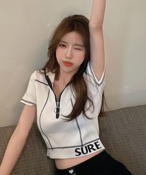 GLAMOROUS JANE(グラマラスジェーン)の「ZIPUP配色ステッチTOPS(Tシャツ/カットソー・レディース・ホワイト/ブラック・FREE)」の13枚目の写真