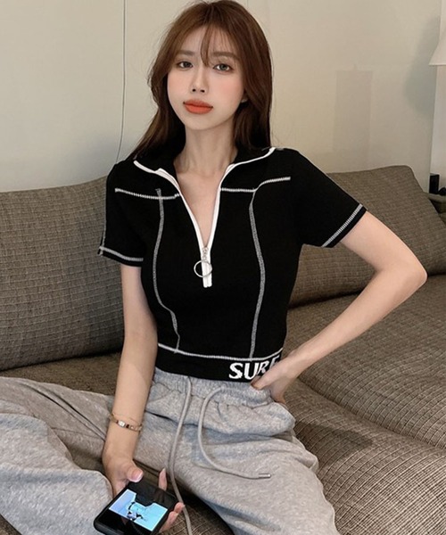 GLAMOROUS JANE(グラマラスジェーン)の「ZIPUP配色ステッチTOPS(Tシャツ/カットソー・レディース・ホワイト/ブラック・FREE)」の6枚目の写真