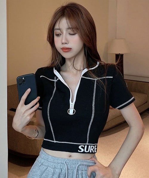 GLAMOROUS JANE(グラマラスジェーン)の「ZIPUP配色ステッチTOPS(Tシャツ/カットソー・レディース・ホワイト/ブラック・FREE)」の10枚目の写真