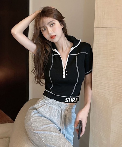 GLAMOROUS JANE(グラマラスジェーン)の「ZIPUP配色ステッチTOPS(Tシャツ/カットソー・レディース・ホワイト/ブラック・FREE)」の4枚目の写真