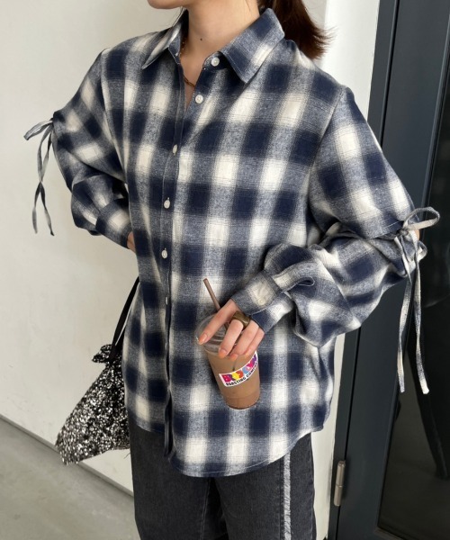 低身長サイズあり】2way袖リボンチェックシャツ（シャツ
