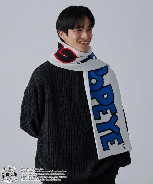 POPEYE（ポパイ）の「POPEYE（TM）×coenコラボ　ジャガードニットサッカーマフラー（マフラー・メンズ・ブラック/オフホワイト・FREE）」の5枚目の写真