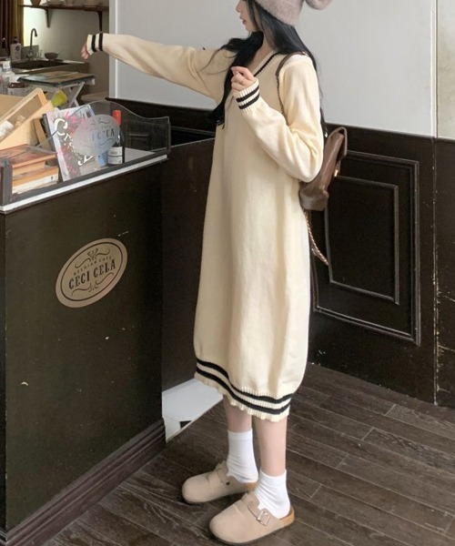 Miniministore(ミニミニストア)の「ニットワンピース ロング レディース秋冬(ワンピース・レディース・ブラック/ライトベージュ・フリー)」の5枚目の写真