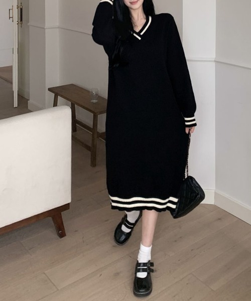 Miniministore(ミニミニストア)の「ニットワンピース ロング レディース秋冬(ワンピース・レディース・ブラック/ライトベージュ・フリー)」の11枚目の写真