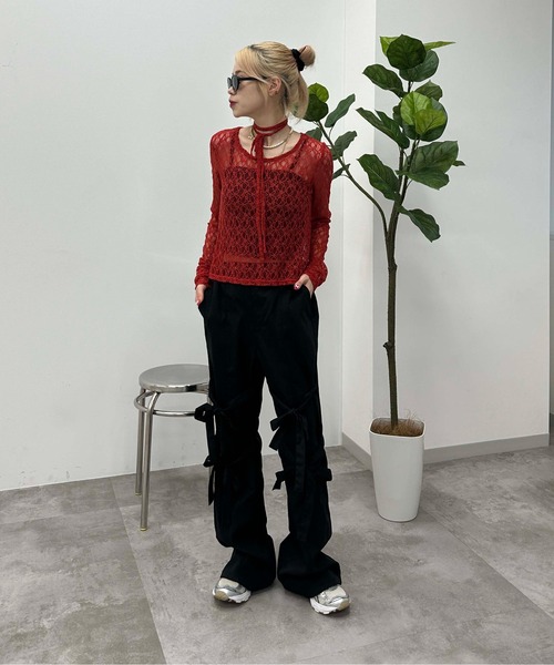 正規品♡リボンプルオーバー＆リボン柄ロングパンツ♡ダークグレー sedacle girl（セダクルガール）の「フロントリボンフレアパンツ