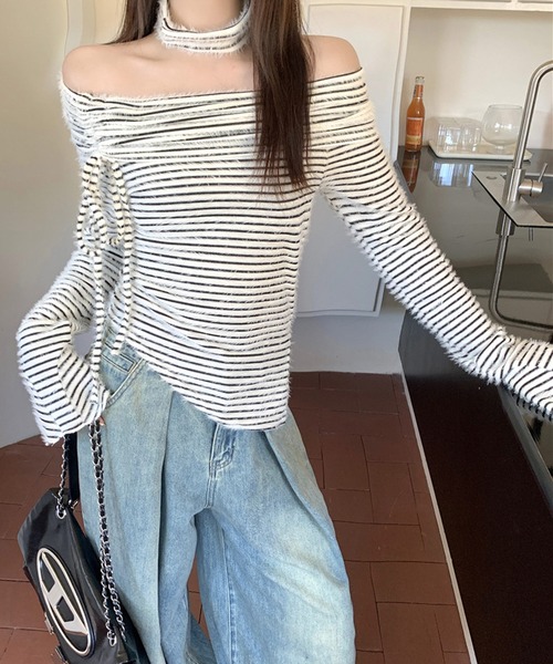 HALEY PESCA(ヘーリーペスカ)の「HALEY PESCA/チョーカーset オフショルボーダートップス(Tシャツ/カットソー・レディース・ベージュ/ホワイト・FREE)」の1枚目の写真