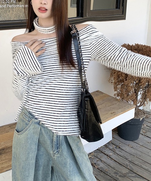 HALEY PESCA(ヘーリーペスカ)の「HALEY PESCA/チョーカーset オフショルボーダートップス(Tシャツ/カットソー・レディース・ベージュ/ホワイト・FREE)」の3枚目の写真