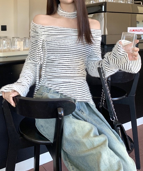 HALEY PESCA(ヘーリーペスカ)の「HALEY PESCA/チョーカーset オフショルボーダートップス(Tシャツ/カットソー・レディース・ベージュ/ホワイト・FREE)」の4枚目の写真