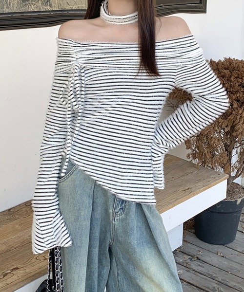 HALEY PESCA(ヘーリーペスカ)の「HALEY PESCA/チョーカーset オフショルボーダートップス(Tシャツ/カットソー・レディース・ベージュ/ホワイト・FREE)」の6枚目の写真