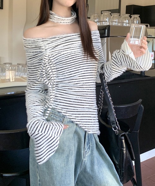 HALEY PESCA(ヘーリーペスカ)の「HALEY PESCA/チョーカーset オフショルボーダートップス(Tシャツ/カットソー・レディース・ベージュ/ホワイト・FREE)」の7枚目の写真