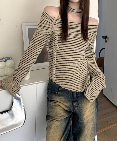 HALEY PESCA(ヘーリーペスカ)の「HALEY PESCA/チョーカーset オフショルボーダートップス(Tシャツ/カットソー・レディース・ベージュ/ホワイト・FREE)」の10枚目の写真