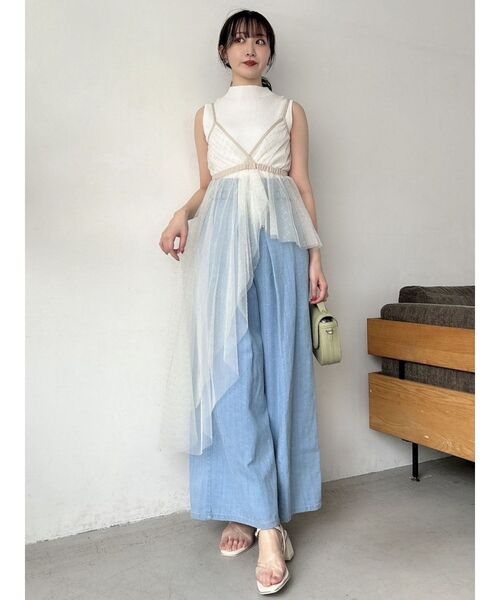 dazzlin（ダズリン）の「チュール刺繍アシメロングキャミ（キャミソール・レディース・アイボリー/ブラック/グレー・FREE）」の4枚目の写真