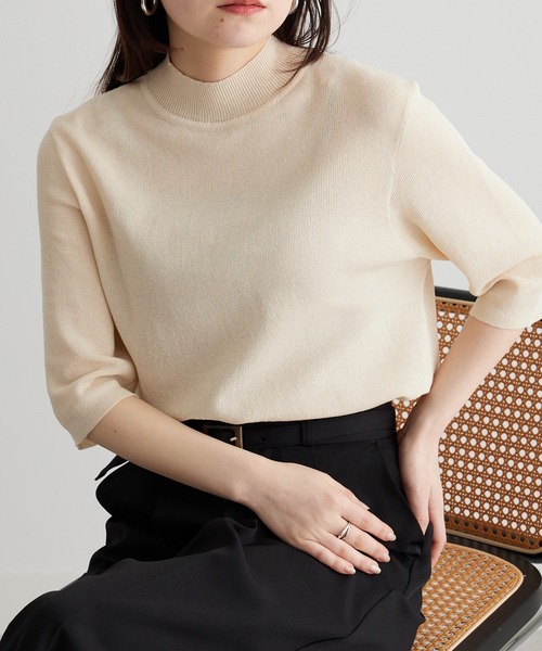 BLUMARINEの五分袖ニット ニット 前身タックボーダー クルーネックプルオーバー 五分袖