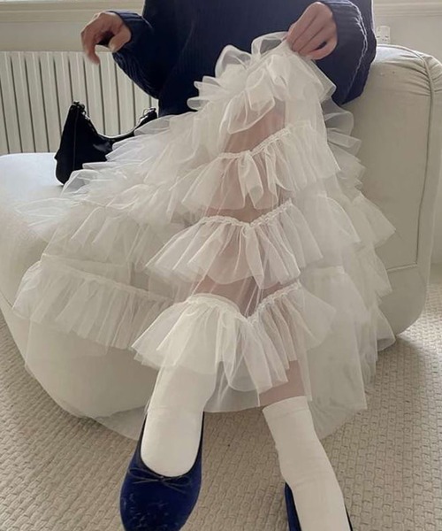 leune(ルネ)の「ティアードチュールスカート(スカート・レディース・オフホワイト/ブラック・FREE)」の8枚目の写真