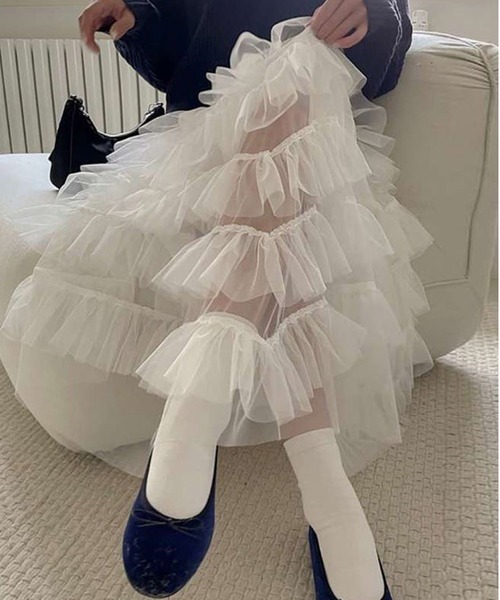 leune(ルネ)の「ティアードチュールスカート(スカート・レディース・オフホワイト/ブラック・FREE)」の5枚目の写真
