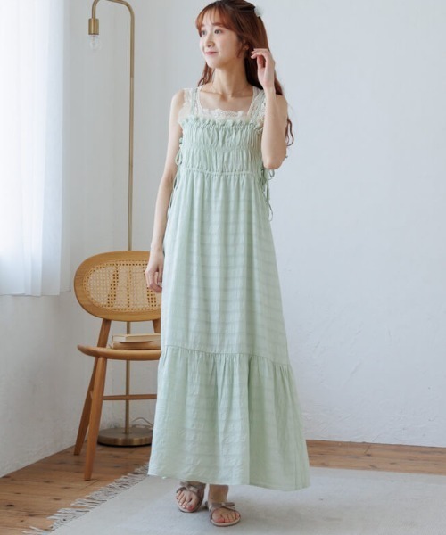 ［完売中］flower サイドリボンワンピース　ブルー 完売中］flower サイドリボンワンピース ブルー ワンピース