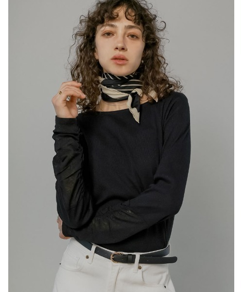 ストレッチリブシアー切り替えロングスリーブトップス（Tシャツ