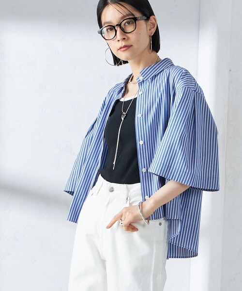 【美品 】シップス SHIPS ギャザーフレアブブラウス 23SS ストライプ SHIPS（シップス）の「*〈手洗い可能〉60ボイルローン フロント