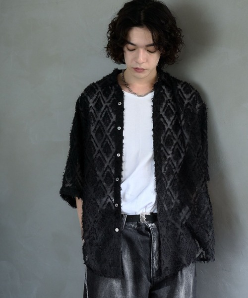 HARE（ハレ）の「シアーシャギージャガードシャツ(HARE)（シャツ/ブラウス・メンズ・ブルー/ブラック/ホワイト・FREE）」の5枚目の写真