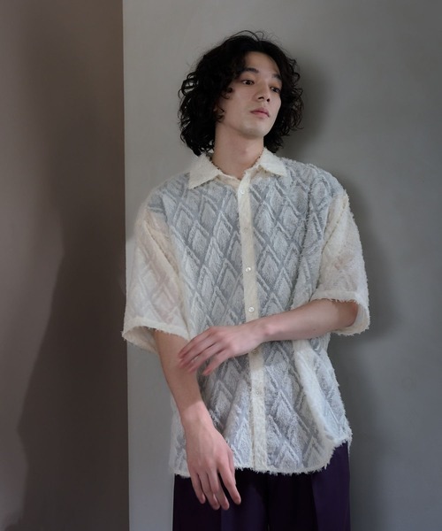 HARE（ハレ）の「シアーシャギージャガードシャツ(HARE)（シャツ/ブラウス・メンズ・ブルー/ブラック/ホワイト・FREE）」の9枚目の写真